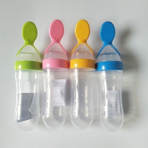 BPA free 90ml silicone baby feeding squeeze bottle spoon
