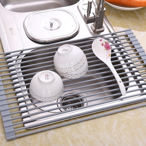 Multipurpose silicone over the sink roll up dish drying rack